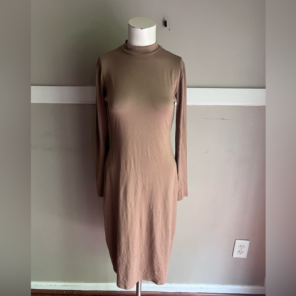 Fashion Nova Long Sleeve Mock Neck Dress in Taupe